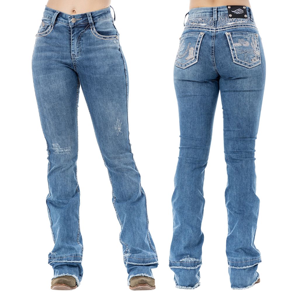 Calça Feminina Zenz Western Jeans Valley Azul Destroyer Flare Barra Desfiada Bordados Strass Ref:ZWO126032-1660