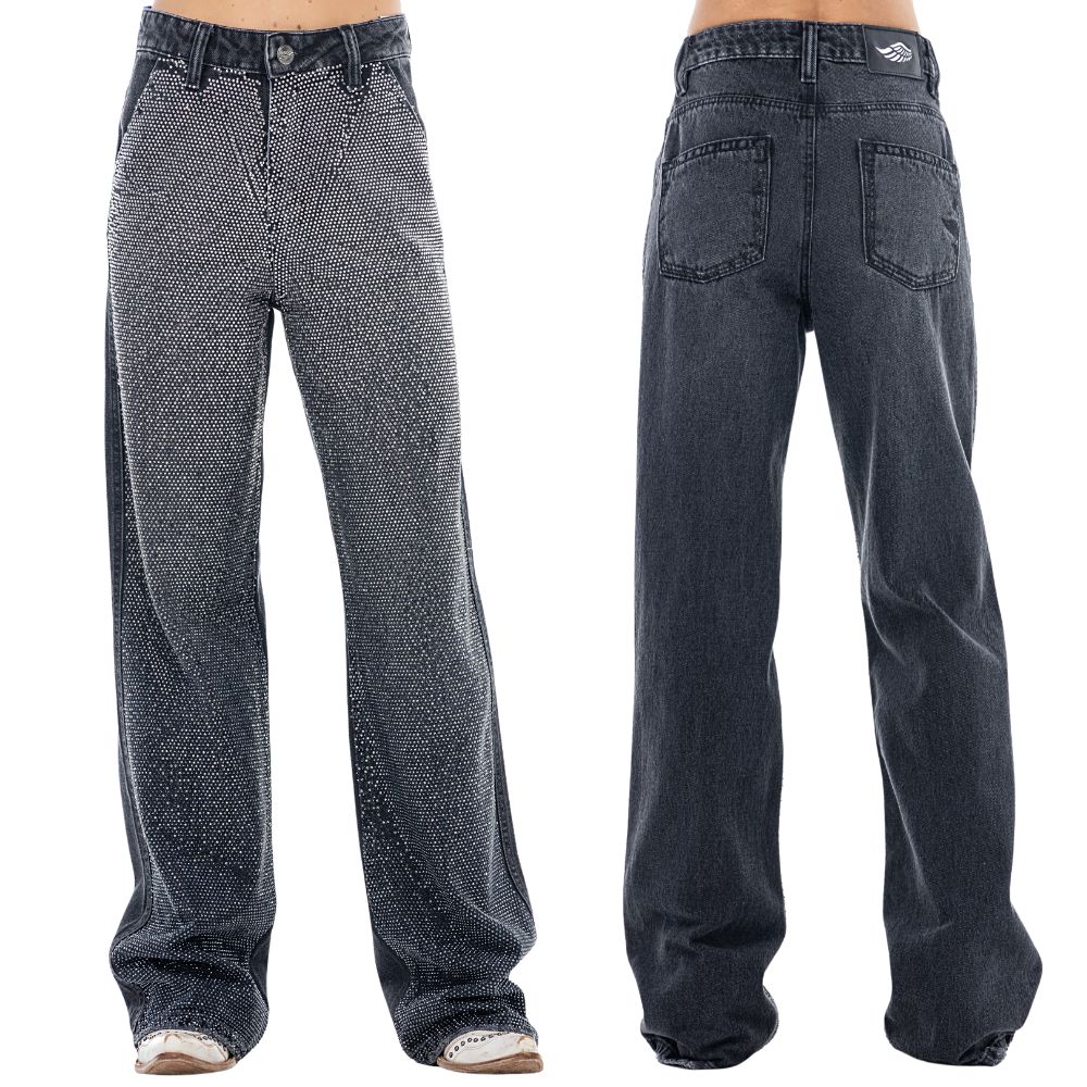 Calça Feminina Zenz Western Jeans Wide Leg Cool It Cowboy Preto Com Strass Ref:ZW0226125-1837