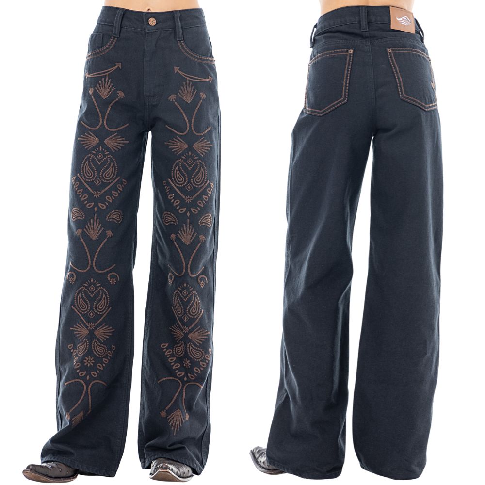 Calça Feminina Zenz Western Jeans Wide Leg Dark Horse Azul Escuro Bordado Ref:ZW0226027-1832