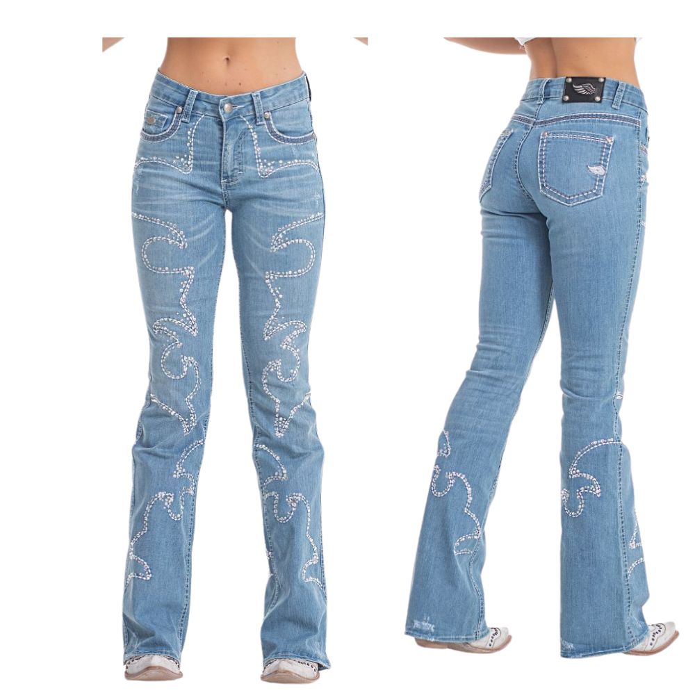 Calça Feminina Zenz Western Saint Georges Jeans Azul Claro Com Bordados De Strass Bootcut Ref:1215