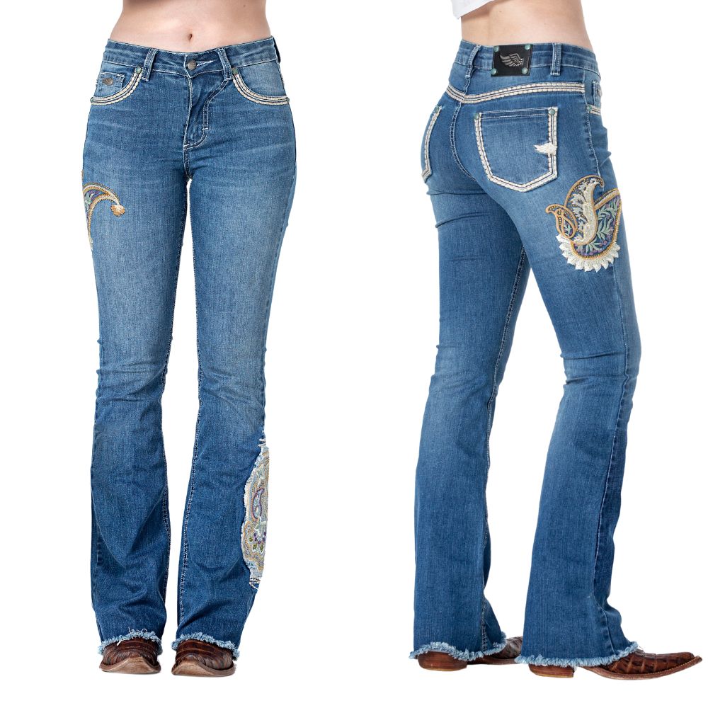 Calça Feminina Zenz Western Wild Flower Jeans Azul Bootcut Com Bordado De Flor Com Brilho Nas Laterais Ref:1300