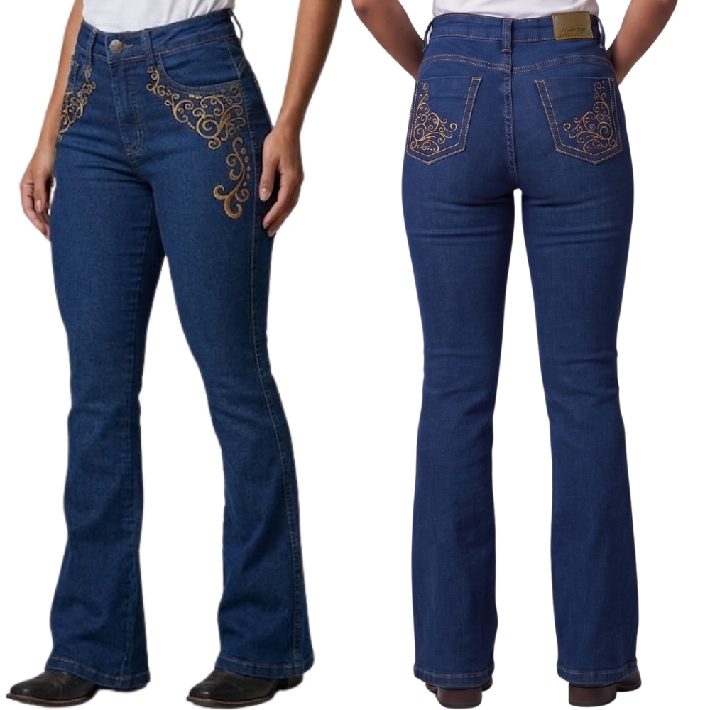 Calça Feminina Laço Forte Bordado Arabesco Ocre Nos Bolsos REF:7034