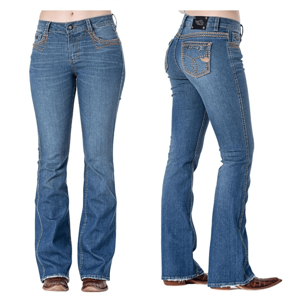 Calça Jeans Feminina Zenz Western Duton Azul Stone Flare Com Bordado No Bolso Frente e Verso Ref.1283Dutton