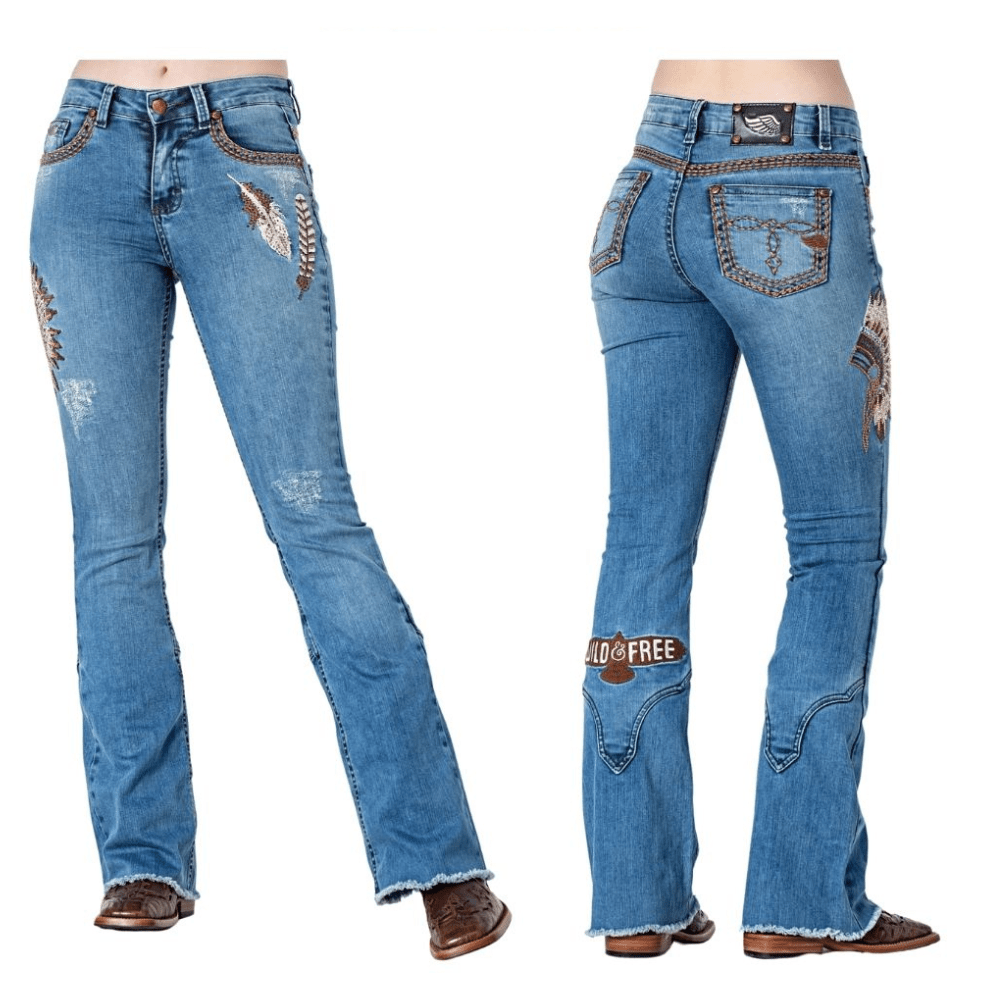 Calça Jeans Feminina Zenz Western Raio Azul Stone Flare Com Bordados em Pena e Cocar Com Brilho e Strass Ref.1301RAIO