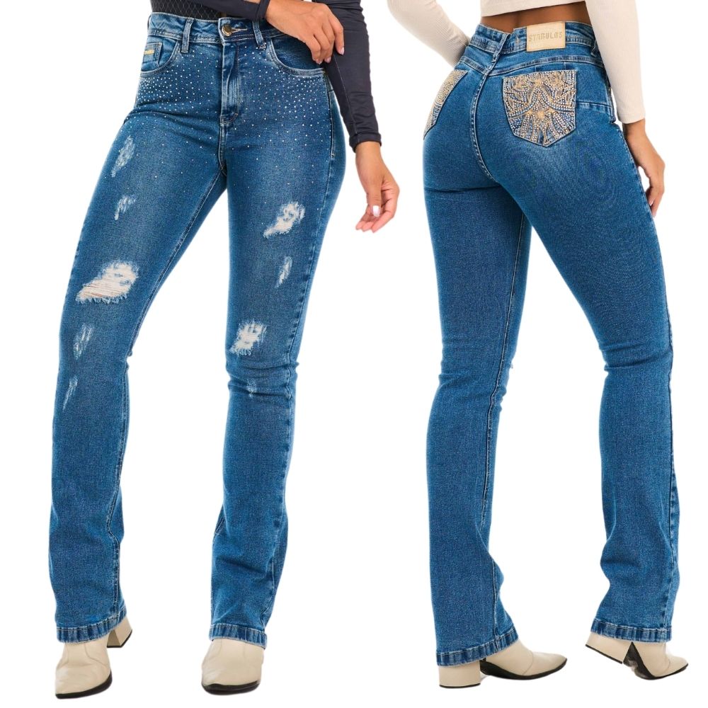 Calça Jeans Stabulos Jeans Claro Com Puídos BootCut Com Bordado Floral Nos Bolsos Traseiros e Brilho Ref.STB390