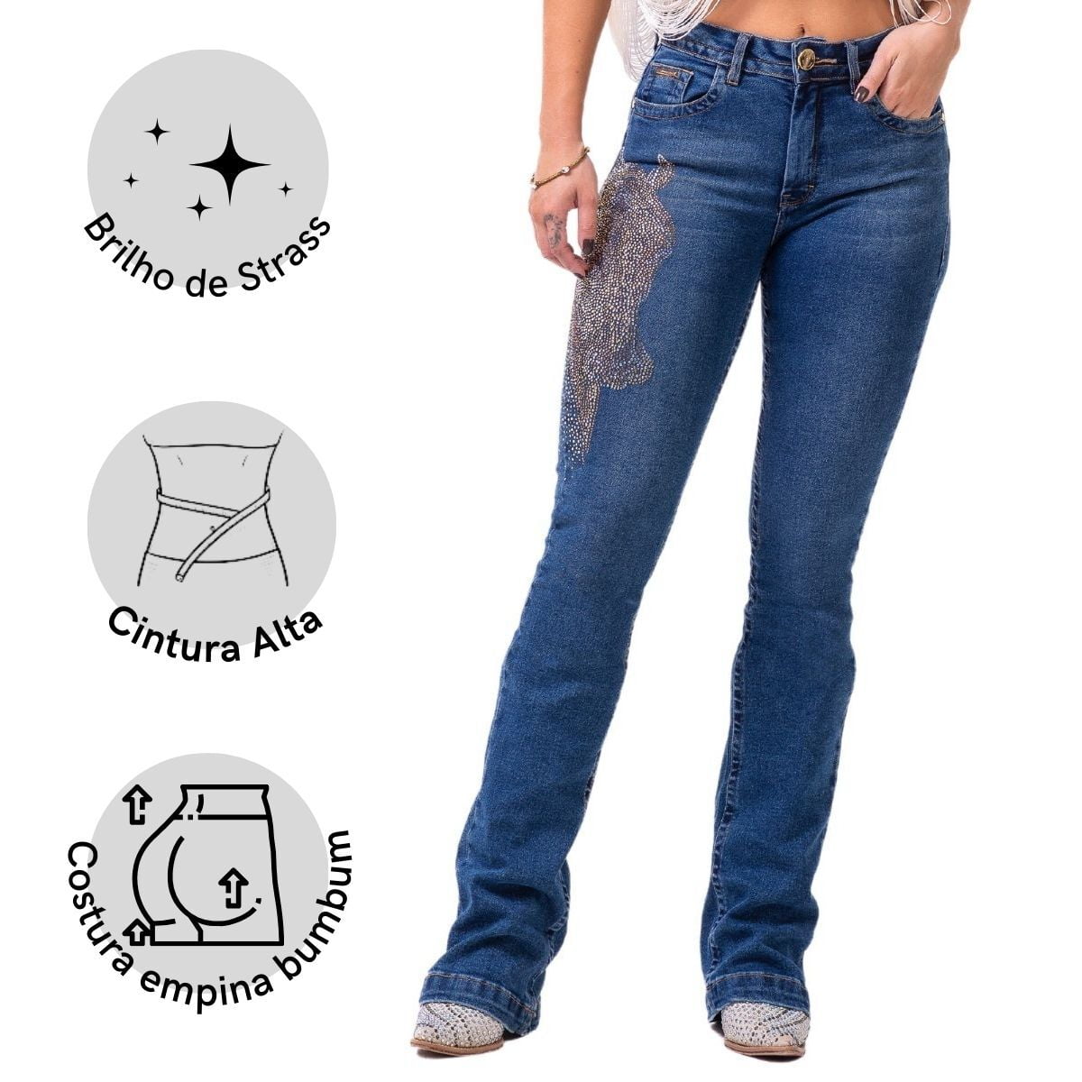 Calça Feminina Buphallos Jeans Bootcut Horse Luxo BPL790 Badana