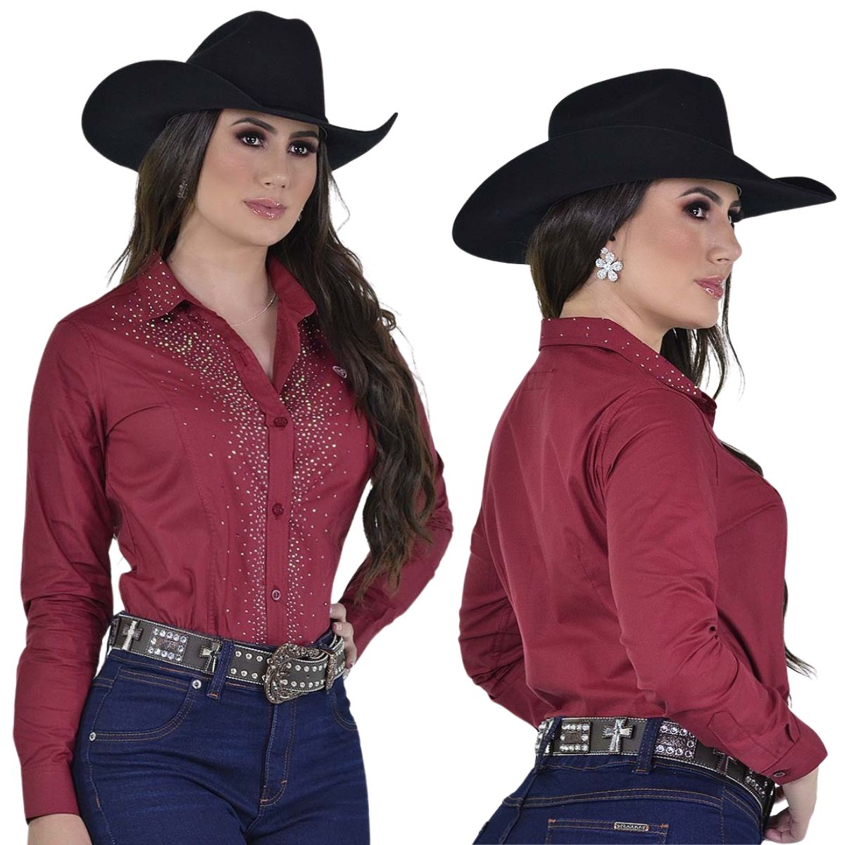 Camisa Country Feminina Radade Bordô Com Strass Ref. Glow