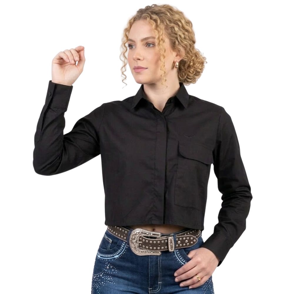 Camisa Feminina Moiadeiros Cropped Manga Longa Com Bolso Preto Com Logo Bordado Ref:CFC01