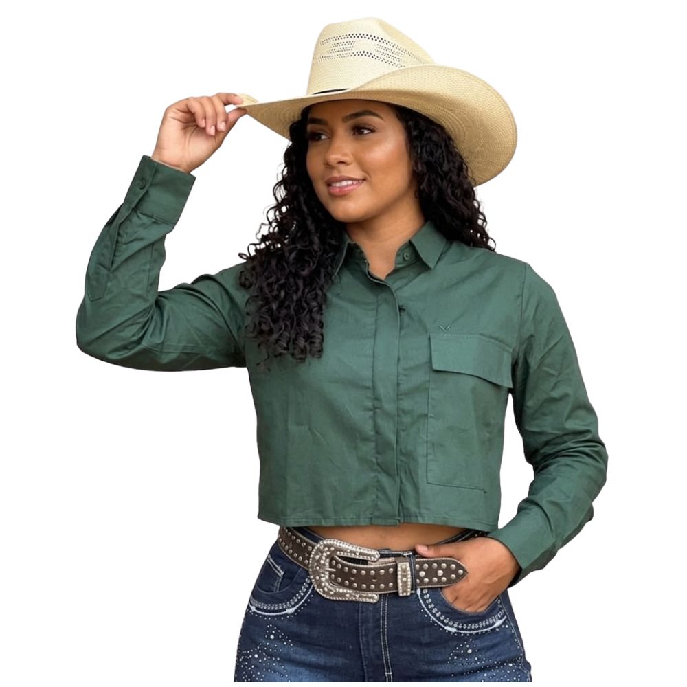 Camisa Feminina Moiadeiros Cropped Manga Longa Com Bolso Verde Escuro Com Logo Bordado Ref:CFC42