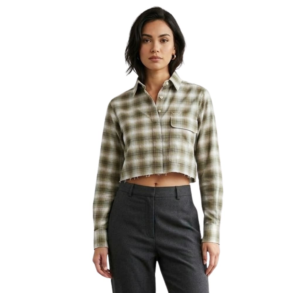 Camisa Feminina Moiadeiros Cropped Manga Longa Com Bolso Xadrez Bege E Verde Com Logo Bordado Verde Ref:CFC41