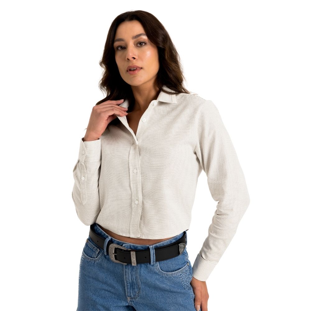 Camisa Cropped Feminina TXC Curta  Tricoline Plaquinha Cor Bege Claro Bordados Listrado Verde - REF: 12334L