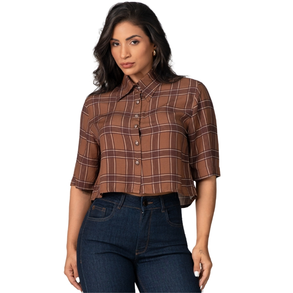 Camisa Cropped Feminino Buphallos Xadrez Viscose Marrom REF:BPL1841