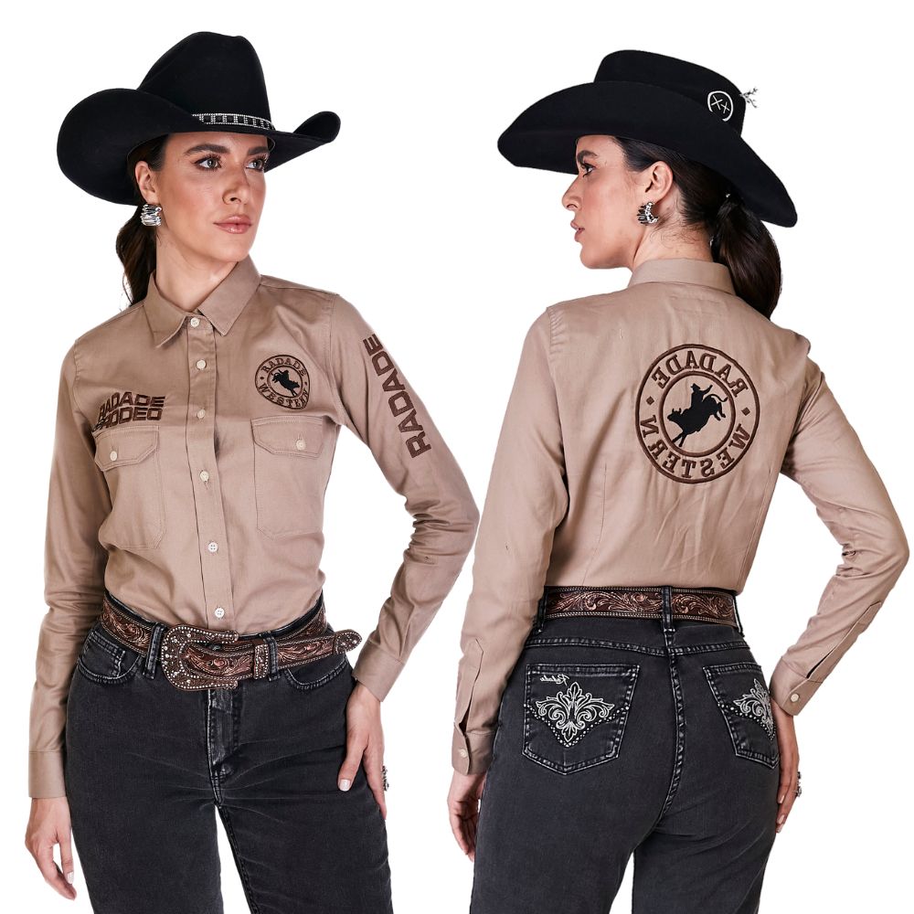 Camisa Country Feminina Radade Bordada New Western Marrom Claro