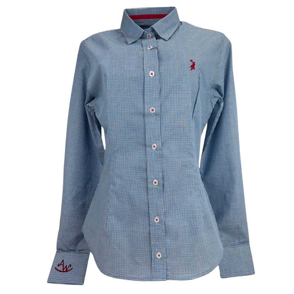 Camisa Feminina Austin Western Manga Longa Xadrez Mini Azul E Branco Com Logo Bordado Bordô Ref:14782