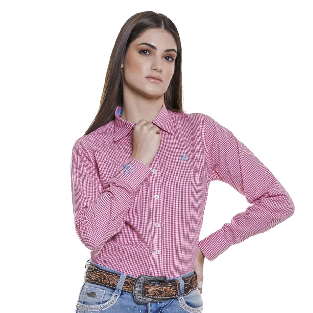 Camisa Feminina Austin Western Manga Longa Xadrez Mini Vermelho Azul Com Logo Bordado Azul Claro Ref:14782