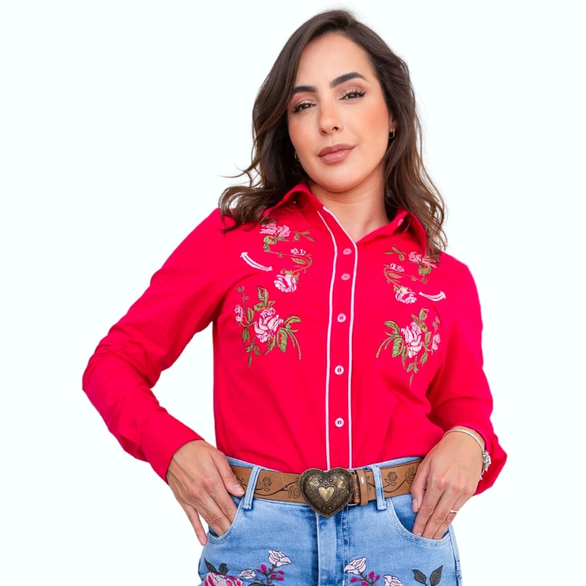 Camisa Feminina Country City Pink Manga Longa Bordado De Rosas Ref. CBD2042