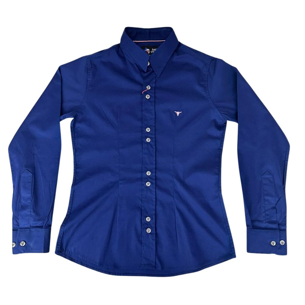 Camisa Feminina Laço Forte Azul Marinho Lisa Manga Longa Com Logo Rosa Ref 3105-1