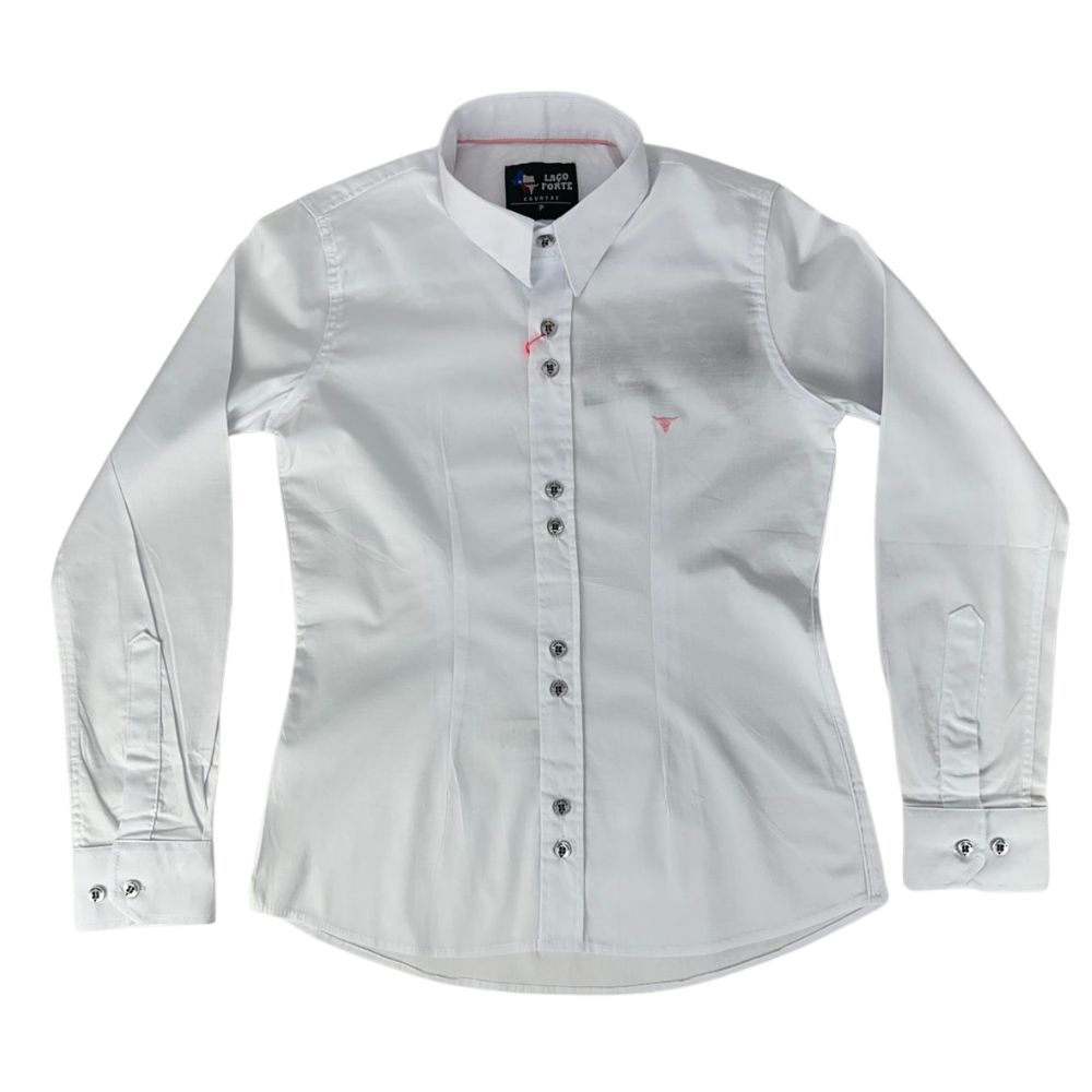 Camisa Feminina Laço Forte Branco Lisa Manga Longa Com Logo Rosa Ref 3105-1