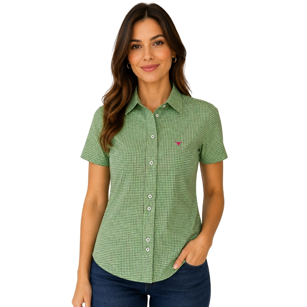 Camisa Feminina Laço Forte Manga Curta Xadrez Verde E Rosa Logo Rosa REF:3108.1
