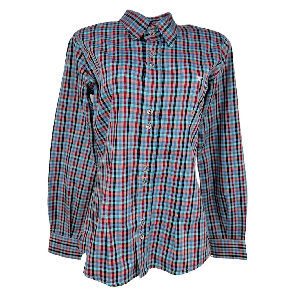 Camisa Feminina Laço Forte Manga Longa Xadrez Azul Claro Preto/Vermelho Com Logo Lilás Ref.3107 Cód.395