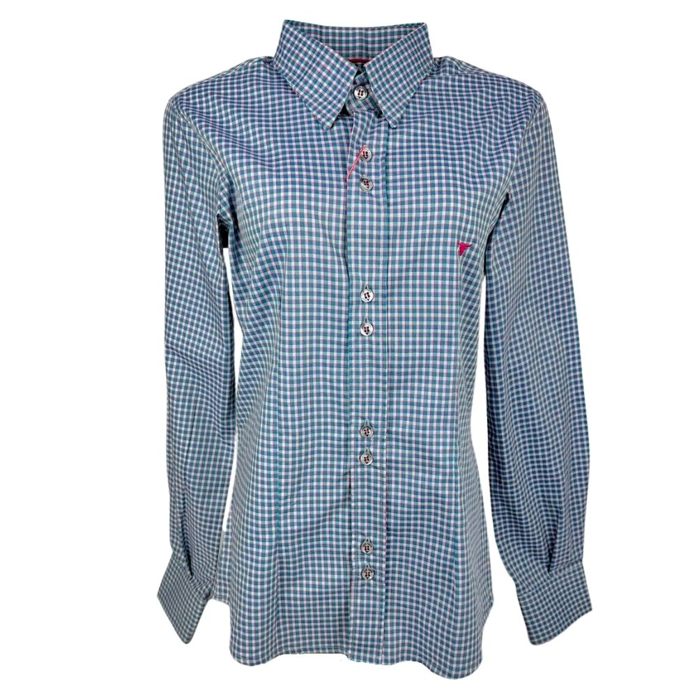 Camisa Feminina Laço Forte Manga Longa Xadrez Azul/Rosa/Verde Com Logo Rosa Pink Ref.3107 Cód.395