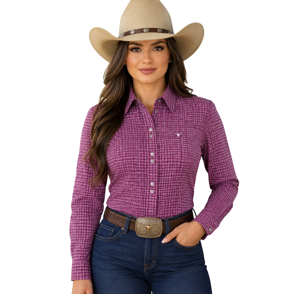 Camisa Feminina Laço Forte Manga Longa Xadrez Pequeno Rosa Escuro Logo Rosa Bebê REF:31071