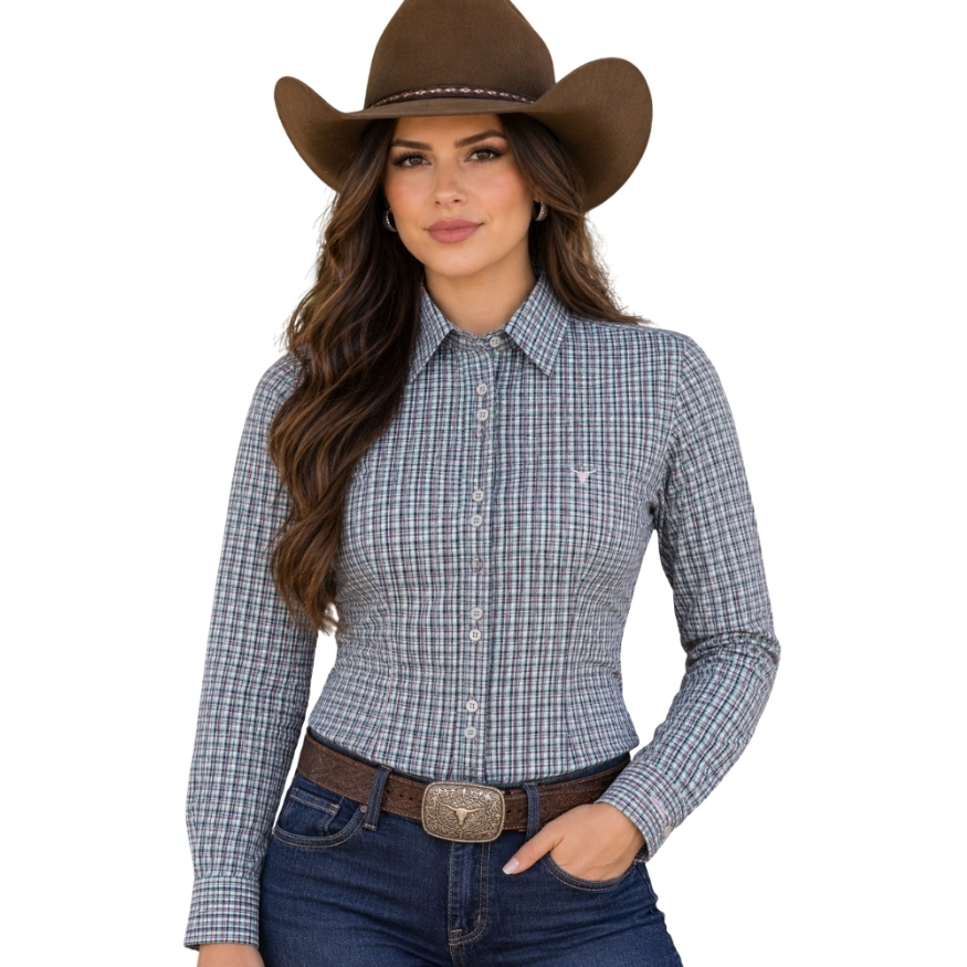 Camisa Feminina Laço Forte Manga Longa Xadrez Verde Água E Vermelho Logo Rosa Bebê REF:31071