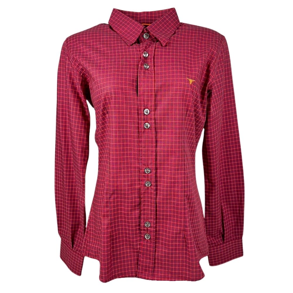 Camisa Feminina Laço Forte Manga Longa Xadrez Vermelho/Azul/Branco Com Logo Laranja Ref.3107 Cód.395