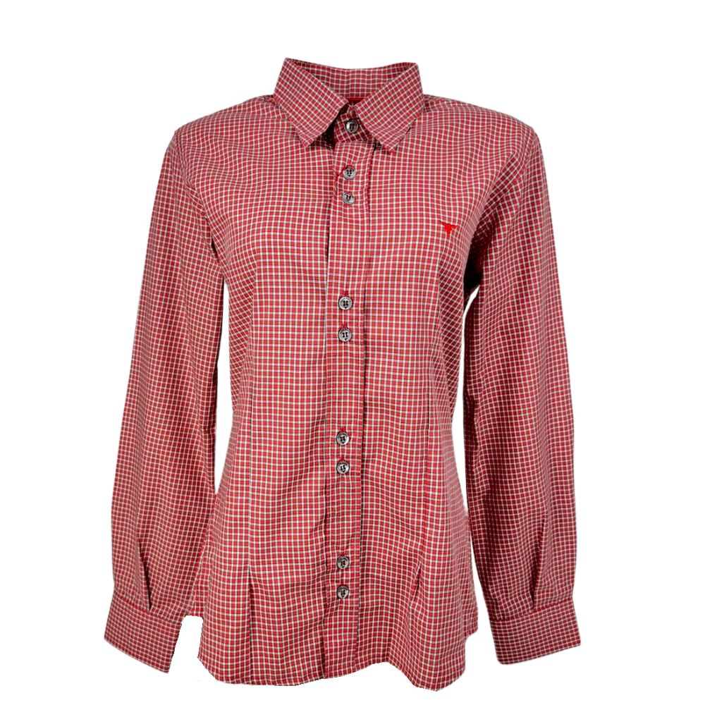 Camisa Feminina Laço Forte Manga Longa Xadrez Vermelho/Branco Com Logo Vermelho Ref.3107 Cód.395