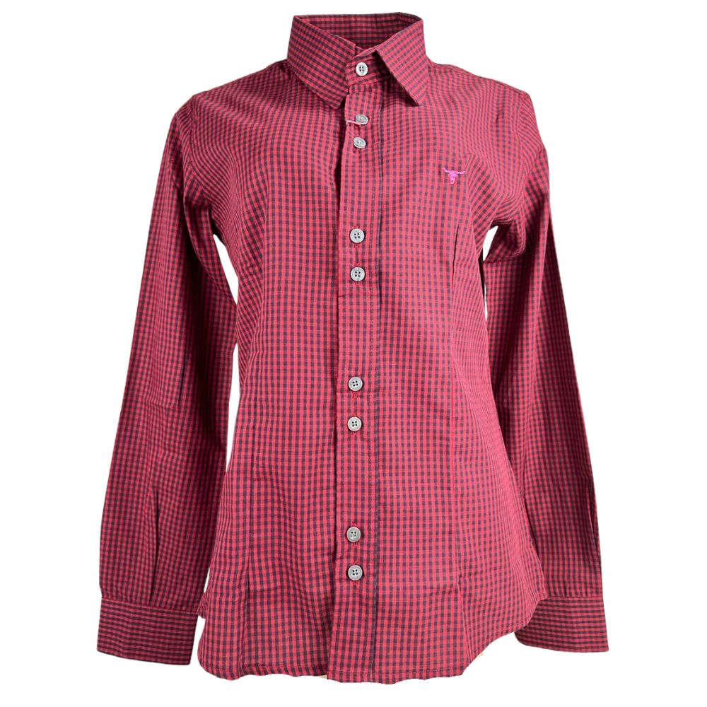 Camisa Feminina Laço Forte Xadrez Bordô Manga Longa Com Logo Rosa Ref:3107