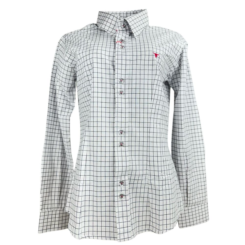 Camisa Feminina Laço Forte Xadrez Branca/Preta Manga Longa Logo Rosa Ref:3107