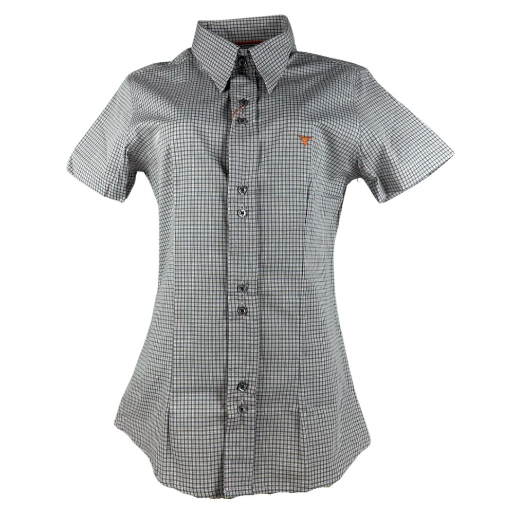 Camisa Feminina Laço Forte Xadrez Cinza Com Logo Laranja Manga Curta Ref:3107