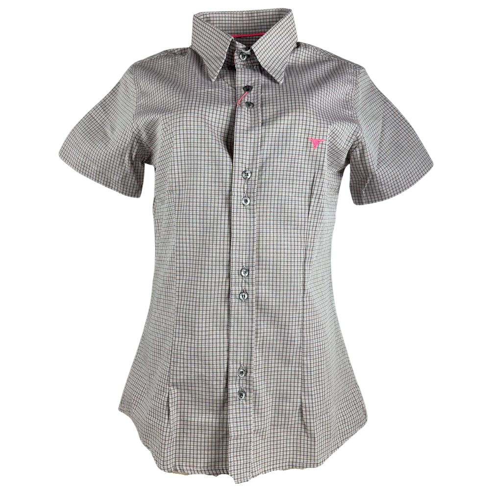 Camisa Feminina Laço Forte Xadrez Marrom Com Logo Rosa Manga Curta Ref:3107