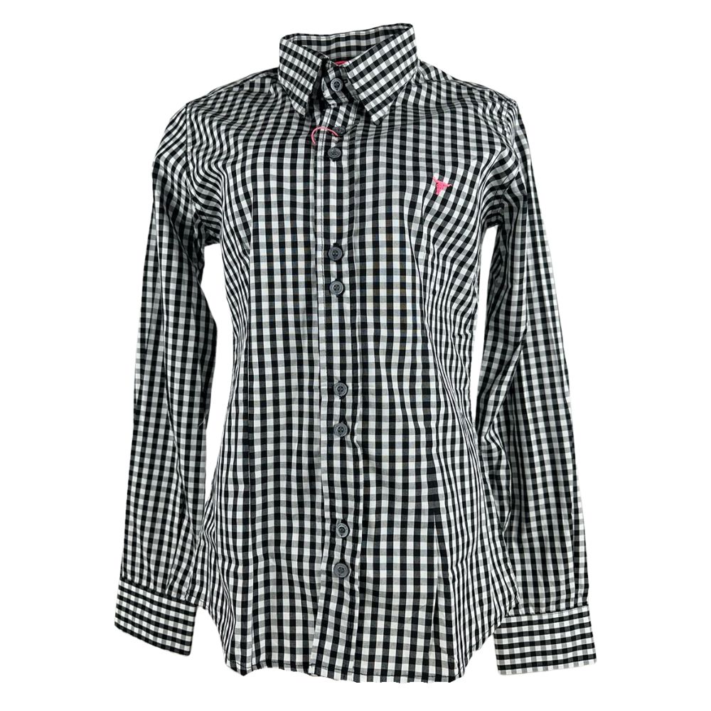 Camisa Feminina Laço Forte Xadrez Preto/ Branco Manga Longa Com Logo Rosa Ref:3107