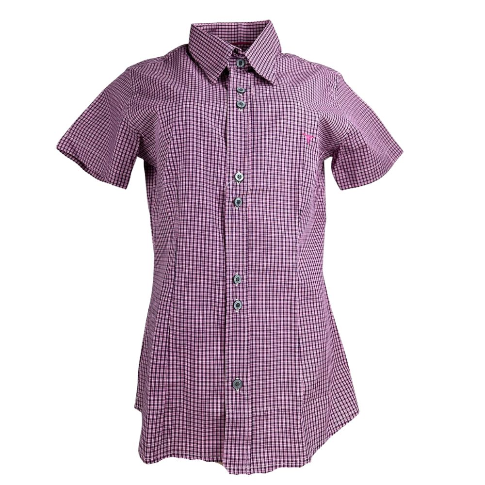 Camisa Feminina Laço Forte Xadrez Rosa Manga Curta Com Logo Rosa Ref: 3107