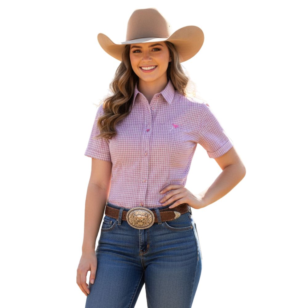 Camisa Feminina Laço Forte Xadrez Rosa Manga Curta Com Logo Rosa Ref 3108.1/3108.2