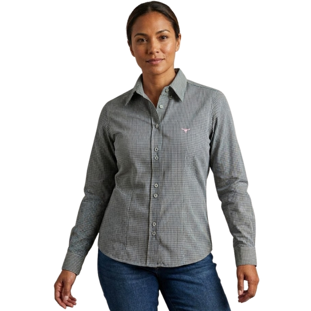 Camisa Feminina Laço Forte Xadrez Verde E Azul Logo Rosa Manga Longa REF:31071