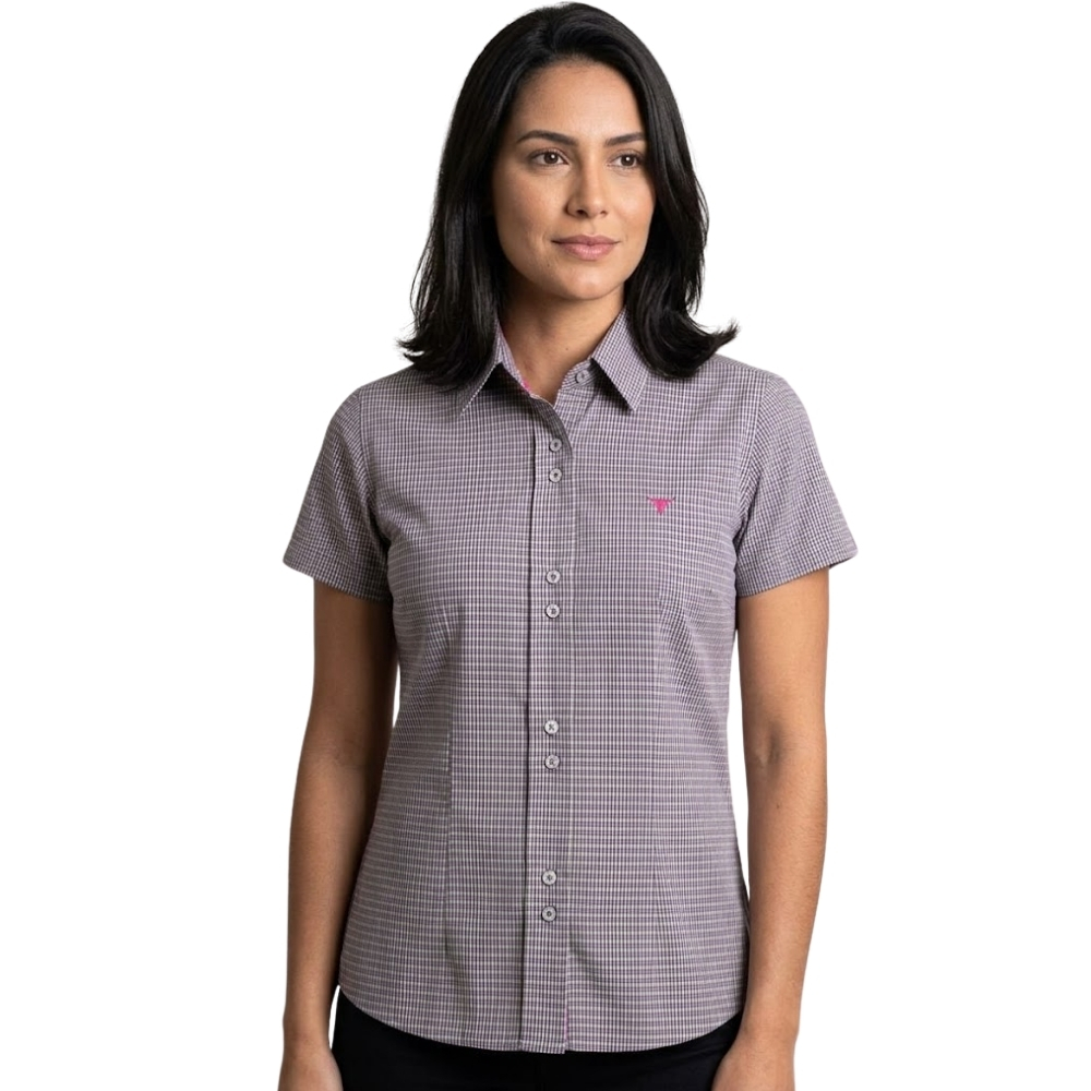 Camisa Feminina Laço Forte Xadrez Verde E Roxo Logo Pink Manga Curta REF:3108.1