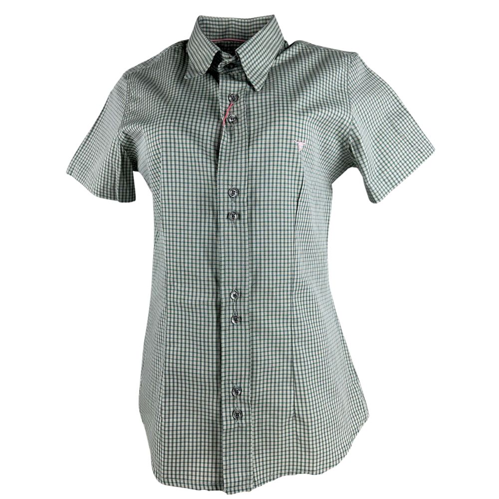Camisa Feminina Laço Forte Xadrez Verde Manga Curta Com Logo Rosa Ref:3107