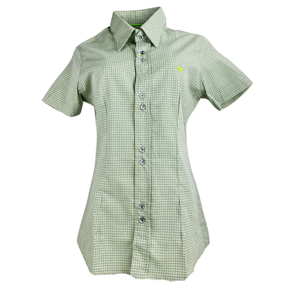Camisa Feminina Laço Forte Xadrez Verde Manga Curta Com Logo Verde Ref: 3107
