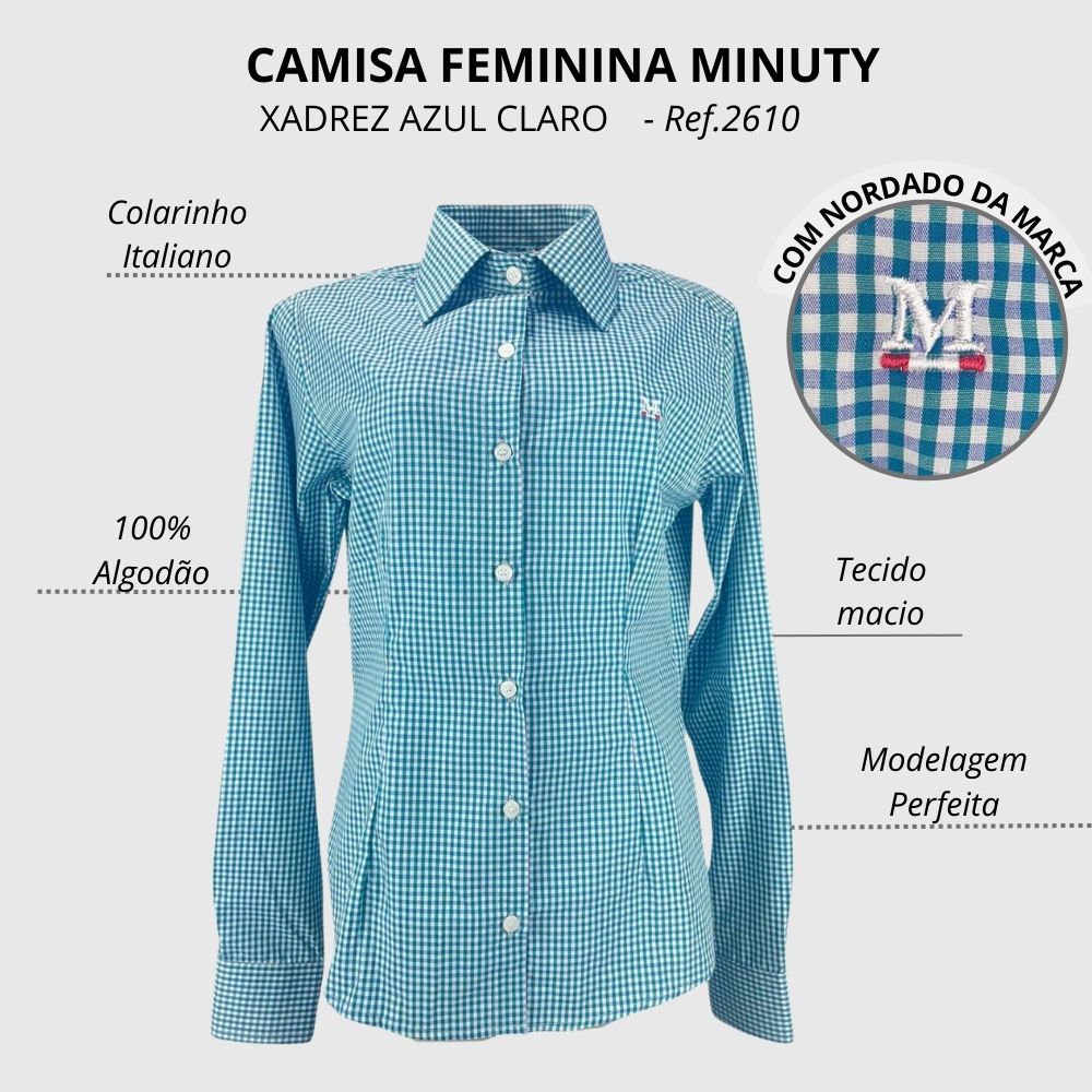 Camisa Feminina Minuty Manga Longa Xadrez Azul Claro/Verde Branco