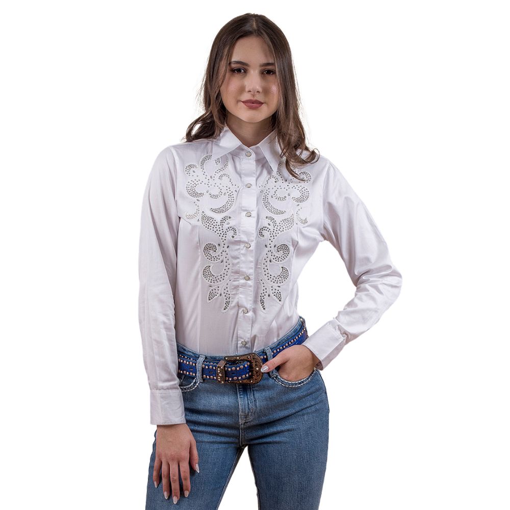 Camisa Feminina Miss Country Branca Manga Longa Com Bordado Em Branco E Strass Ref:2050