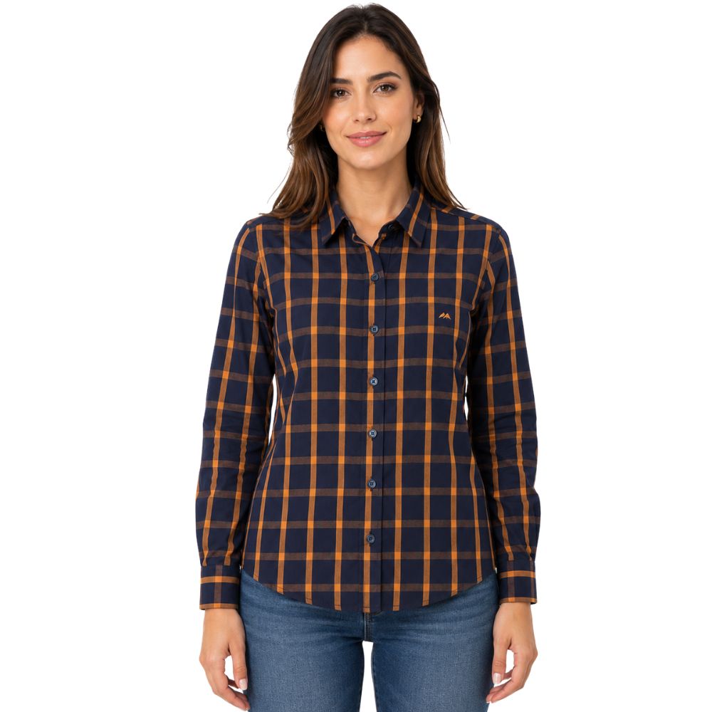 Camisa Feminina MX 72 Country Flame Manga Longa Xadrez Azul Marinho/Laranja - Ref:26041