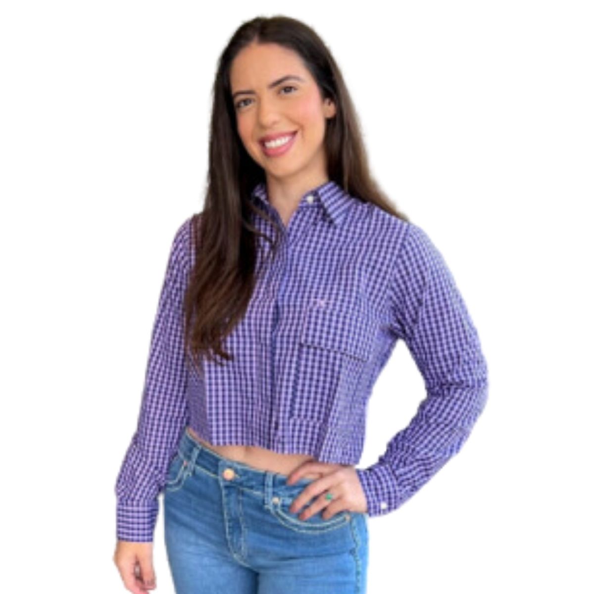 Camisa Feminina Os Moiadeiros Cropped Xadrez Lilás Manga Longa CFC 03