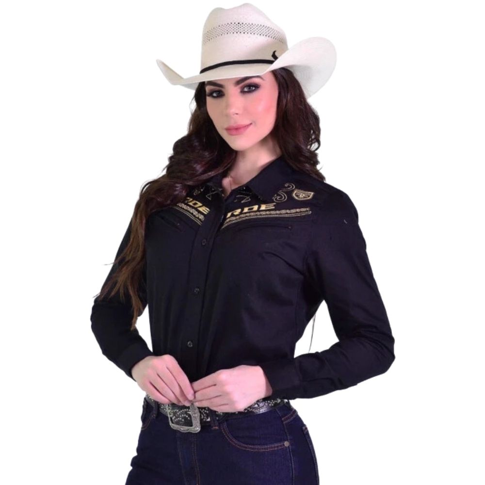 Camisa Feminina Radade Manga Longa Brownstone Preta Bordado Dourado Ref: 1177