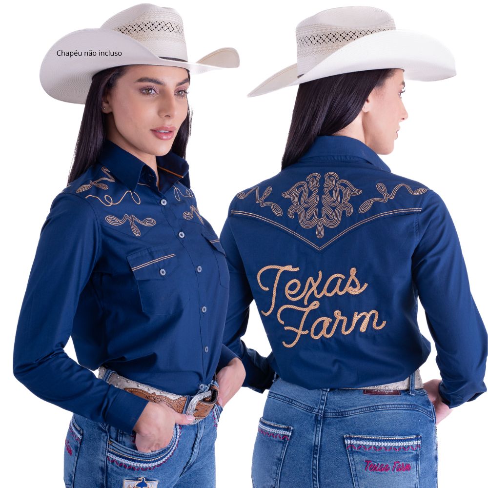 Camisa Feminina Texas Farm Azul Marinho Manga Longa Bordada R. CAF124