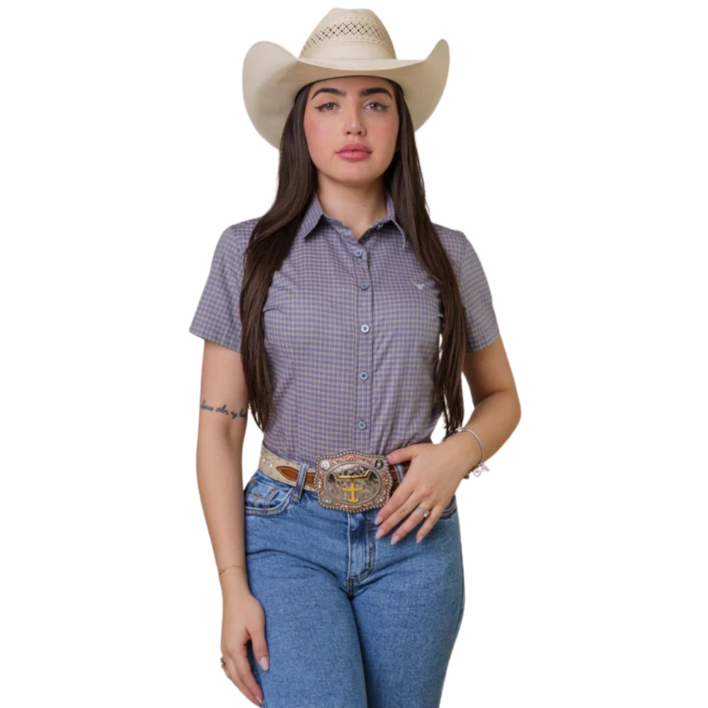 Camisa Feminina Texas Farm Manga Curta Xadrez Roxo E Verde Claro Logo Branco Ref:CAFC080