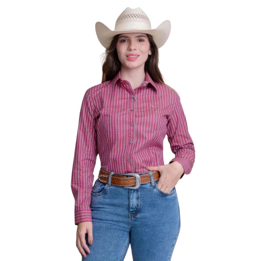 Camisa Feminina Texas Farm Manga Longa Xadrez Rosa Branco E Marrom Com Logo Bordado Dourado Ref:CAF137