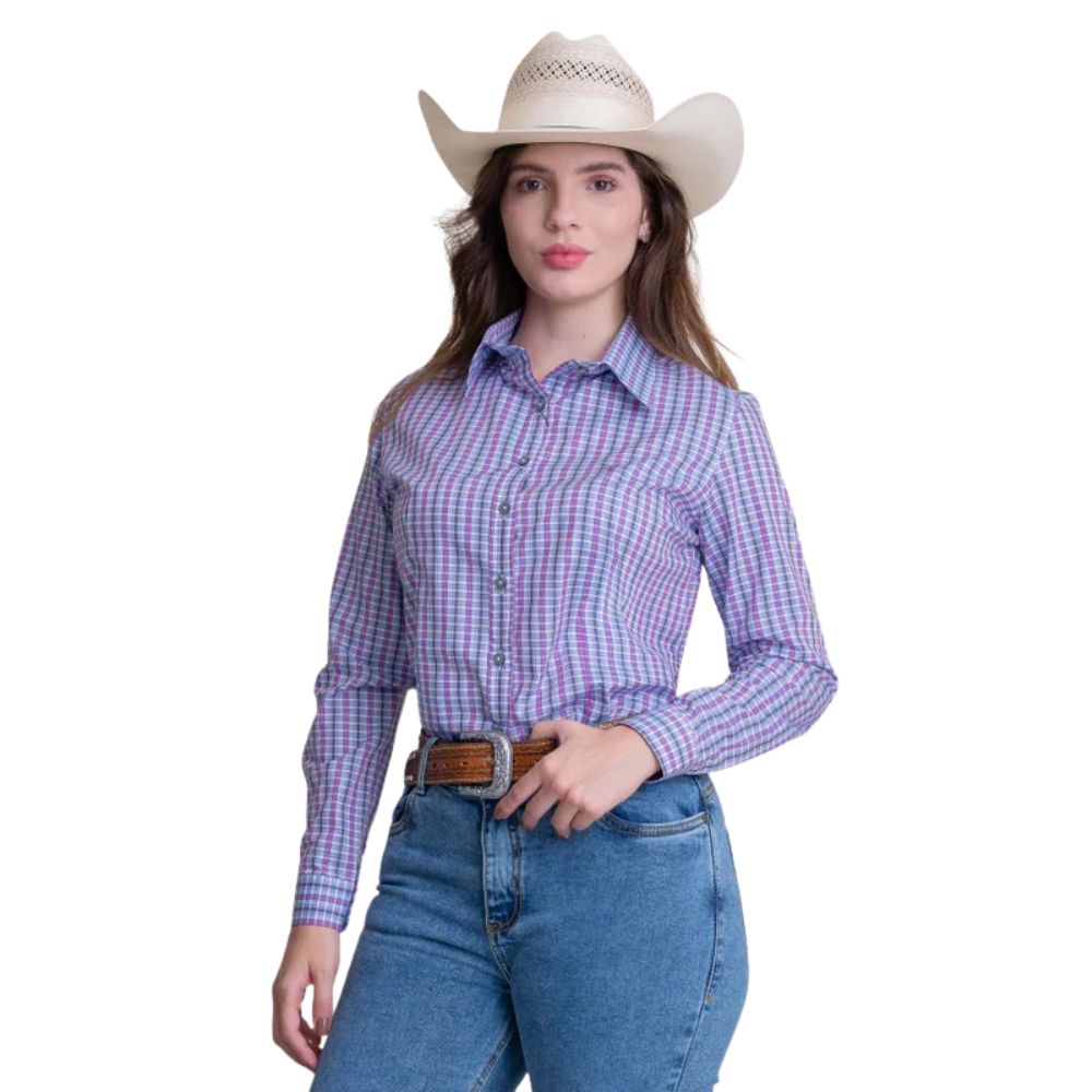 Camisa Feminina Texas Farm Manga Longa Xadrez Rosa Cinza E Azul Claro Com Logo Bordado Vinho Ref:CAF136