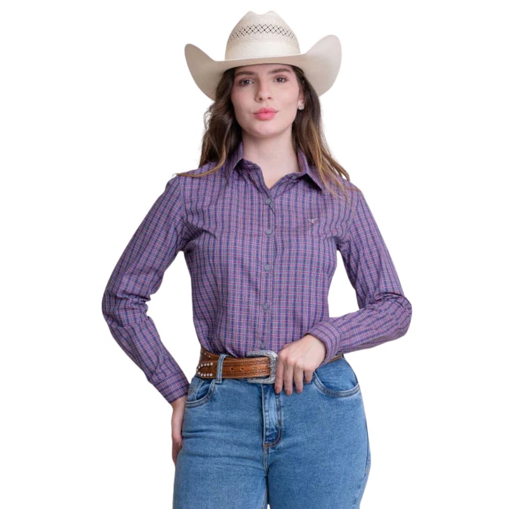 Camisa Feminina Texas Farm Manga Longa Xadrez Roxo Lilás E Verde Com Logo Bordado Branco Ref:CAF149